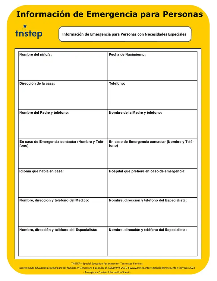 Información de Emergencia para Personas con Necesidades Especiales (Emergency Contact Info Sheet)