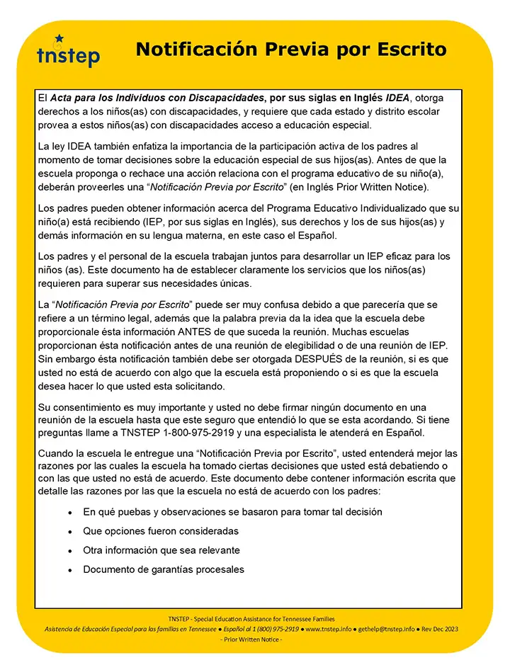 Notificación Previa por Escrito (Prior Written Notice)