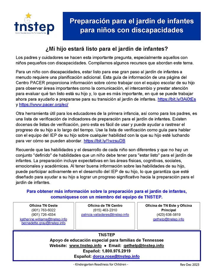 Preparación para el jardín de infantes para niños con discapacidades (Kindergarten Readiness for Children)