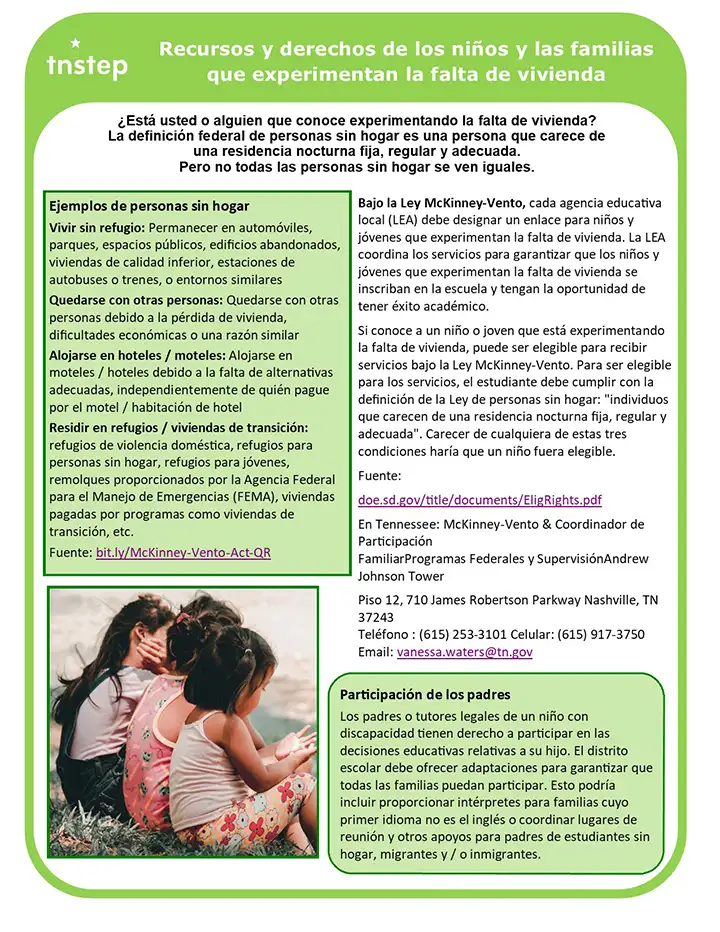 Recursos y derechos de los niños y las familias que experimentan la falta de vivienda (Homelessness Guide)