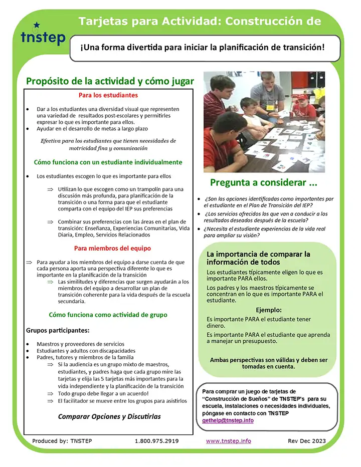 Tarjetas para Actividad: Construcción de Sueños (Dream Building Activity Cards Information Sheet)