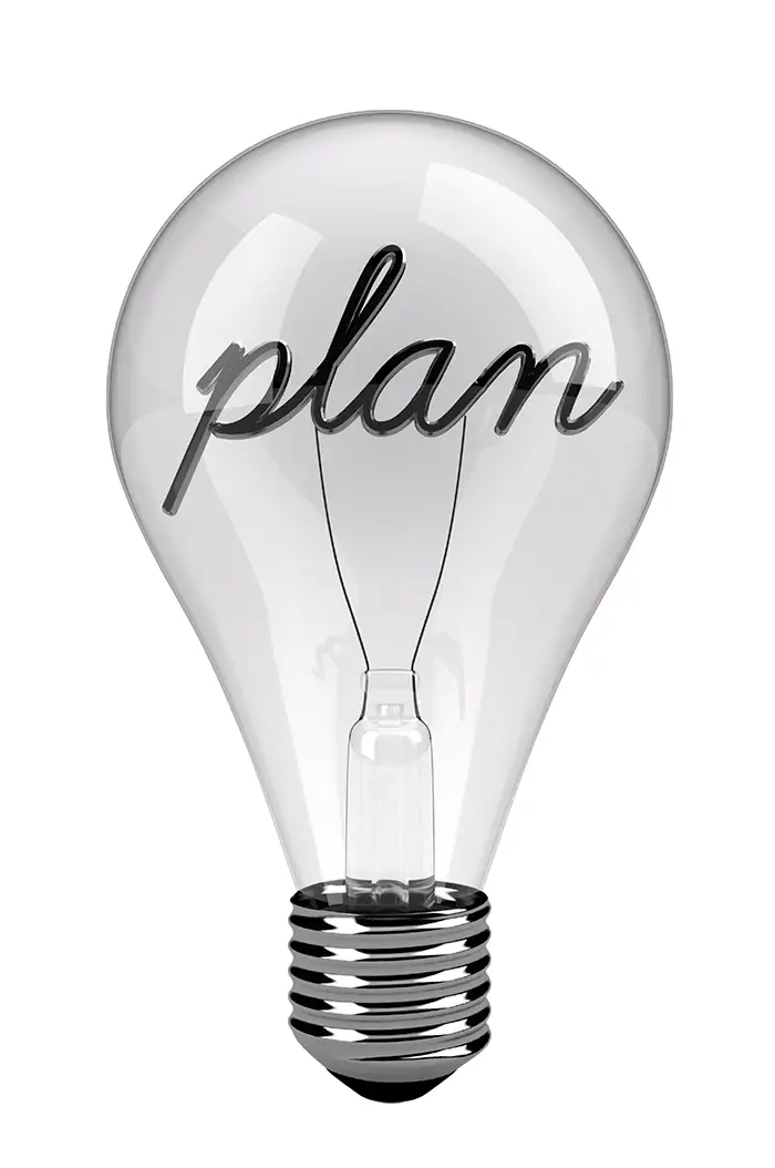 Lightbulb graphic with "plan" written on it